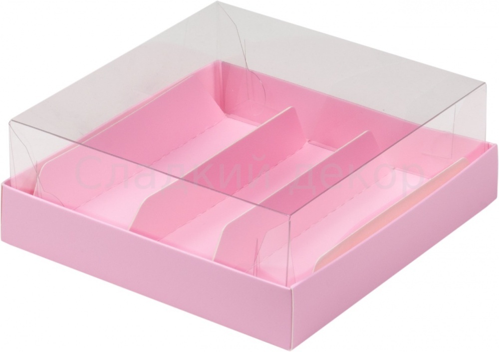 Коробка для эклеров и эскимо с пластиковой крышкой, 3 ячейки, 13,5х13х5 см, розовая