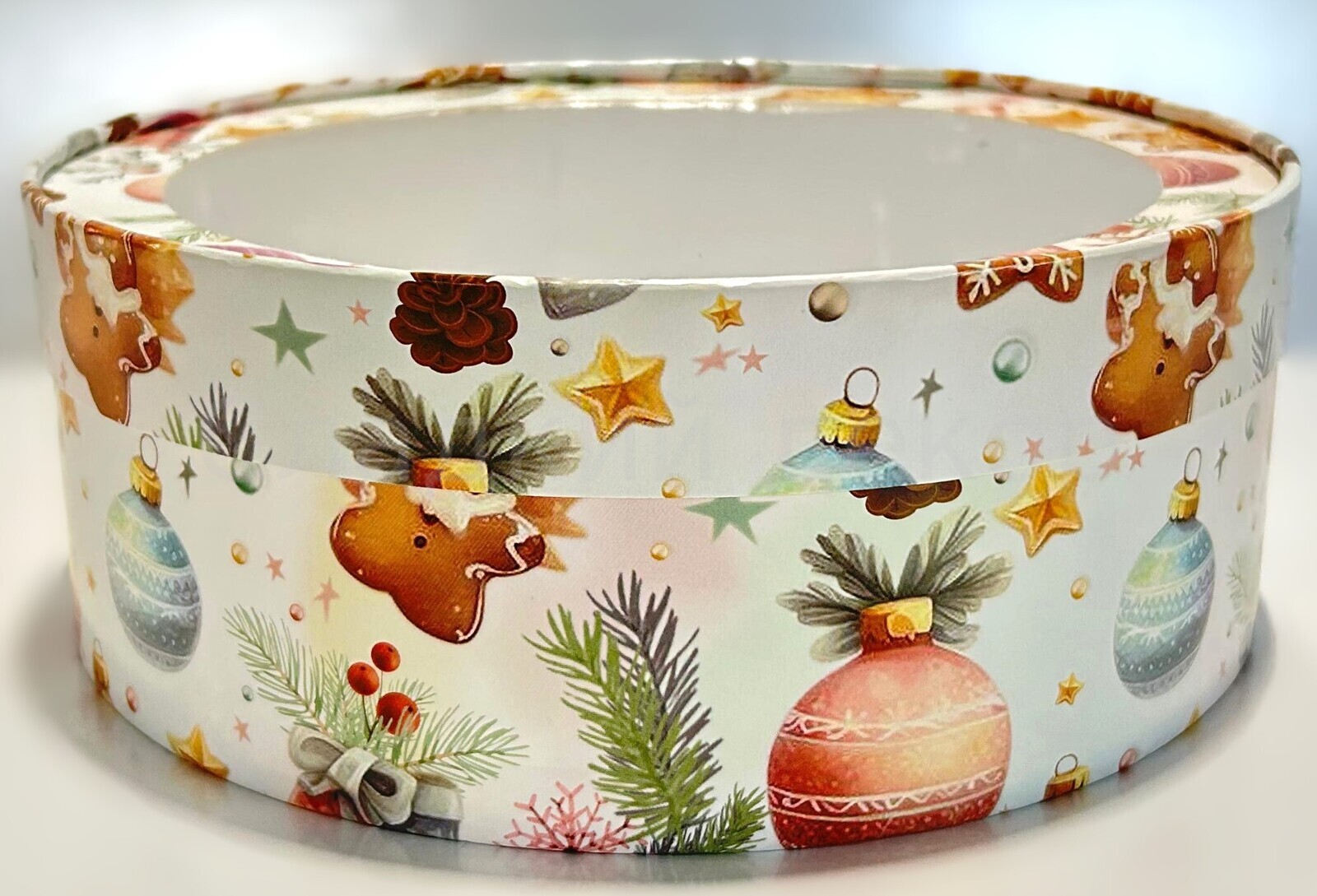 Шляпная коробка с окном, 20х7 см, Елочные игрушки