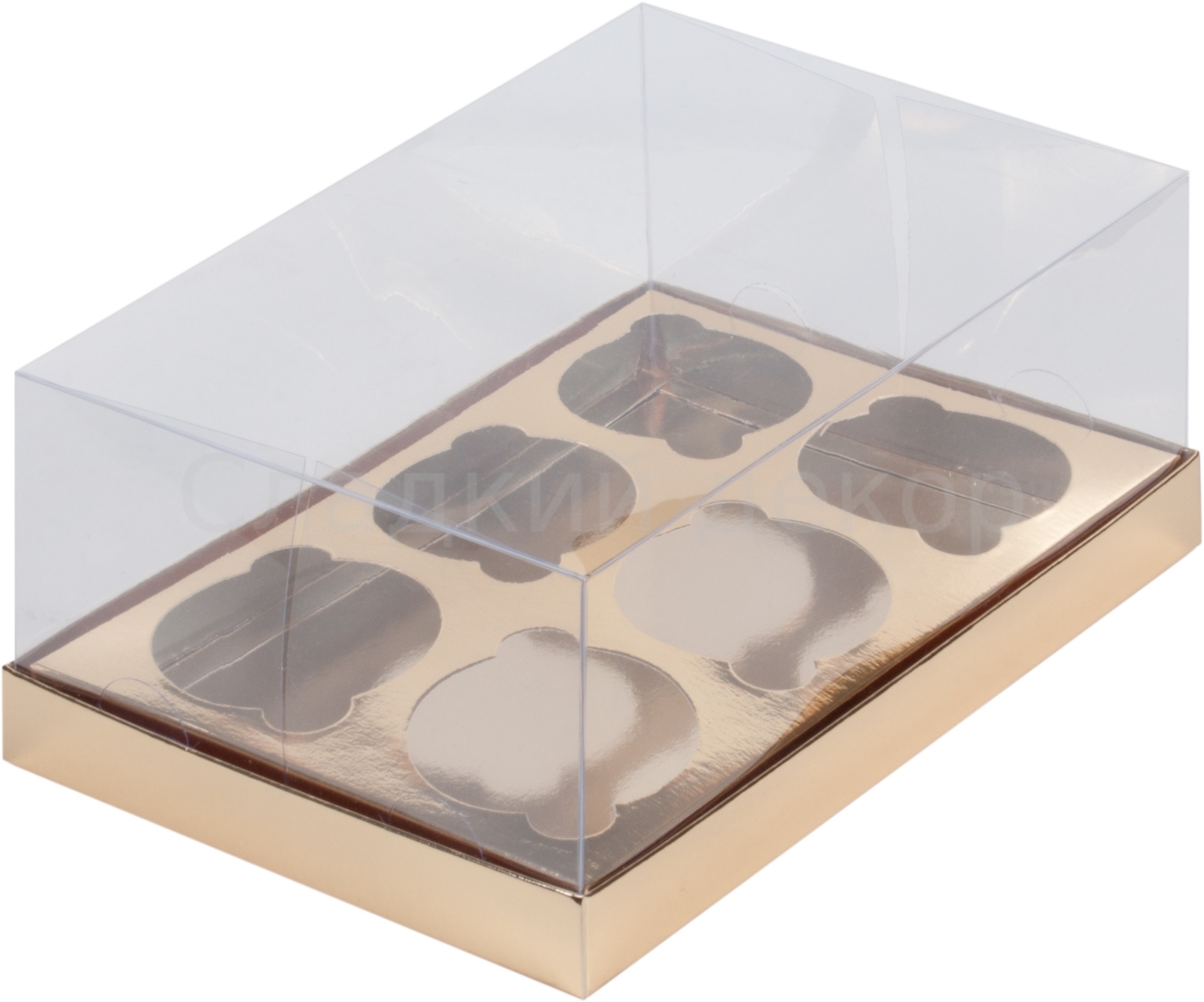Коробка на 6 капкейков с прозрачным окном, золотая