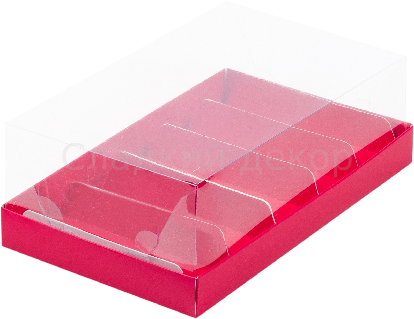 Коробка для эклеров и эскимо с пластиковой крышкой, 5 ячеек, 22х13,5х7 см, красная